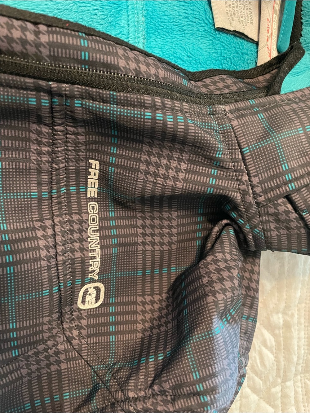Free Country Women's Black Plaid Puffer Jacket with Teal Accents